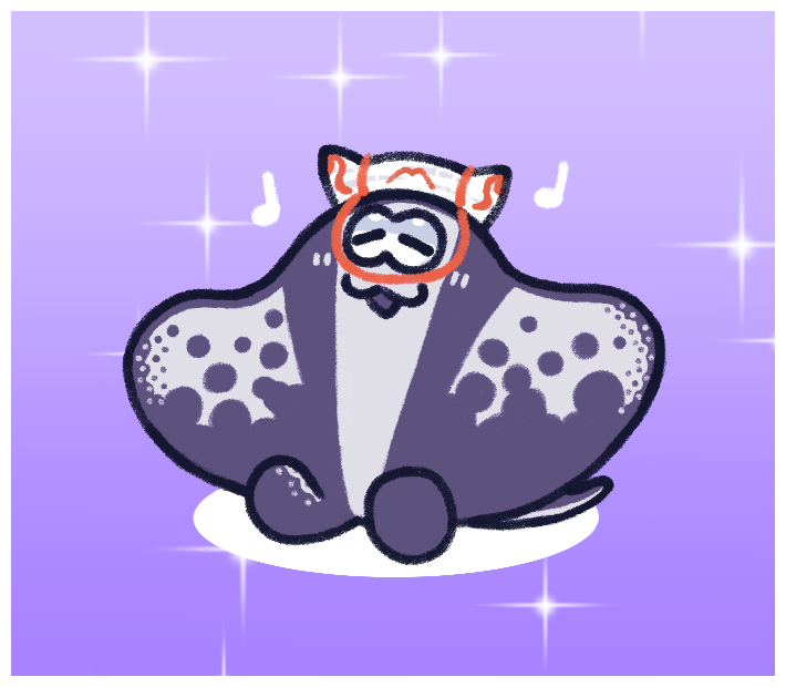 :3, big_man_(splatoon), border, closed_eyes, commentary, english_commentary, musical_note, no_humans, open_mouth, purple_background, sissi-art, sitting, smile, solo, sparkle, splatoon_(series), splatoon_3, white_border