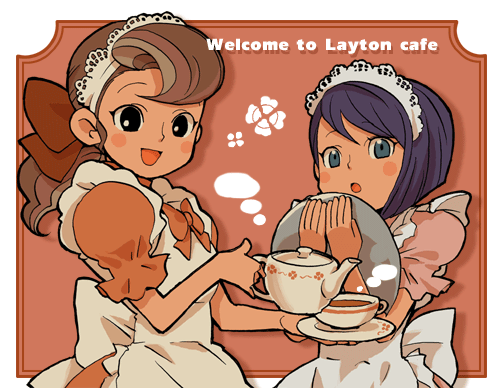 2girls, apron, border, brown_hair, commentary_request, dress, english_text, flora_reinhold