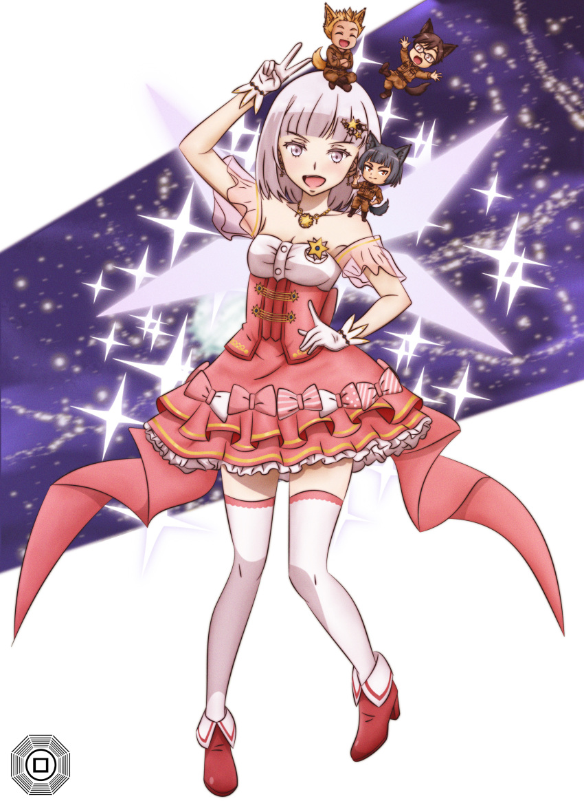 1girl, 86_-eightysix-, absurdres, dress, frilled_dress, frilled_skirt, frills, gloves, highres, hime_cut, io_dodanthe, magical_girl, ochi_anton, open_mouth, short_hair, shuri_gilith, skirt, sparkle, the_rebellion, thigh-highs, white_gloves, white_hair, white_thighhighs