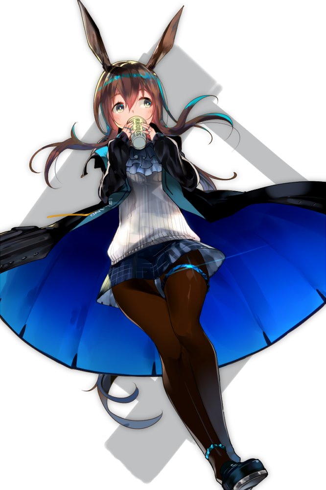 1girl, amiya_(arknights), animal_ears, arknights, ascot, black_coat, black_shoes, blue_skirt