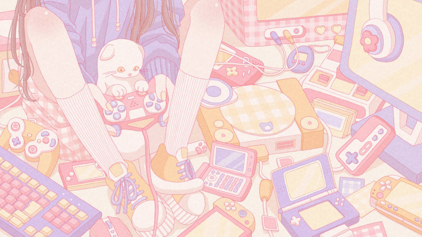 1girl, absurdly_detailed_composition, cat, cellphone, checkered_clothes, checkered_shorts, commentary, computer_keyboard
