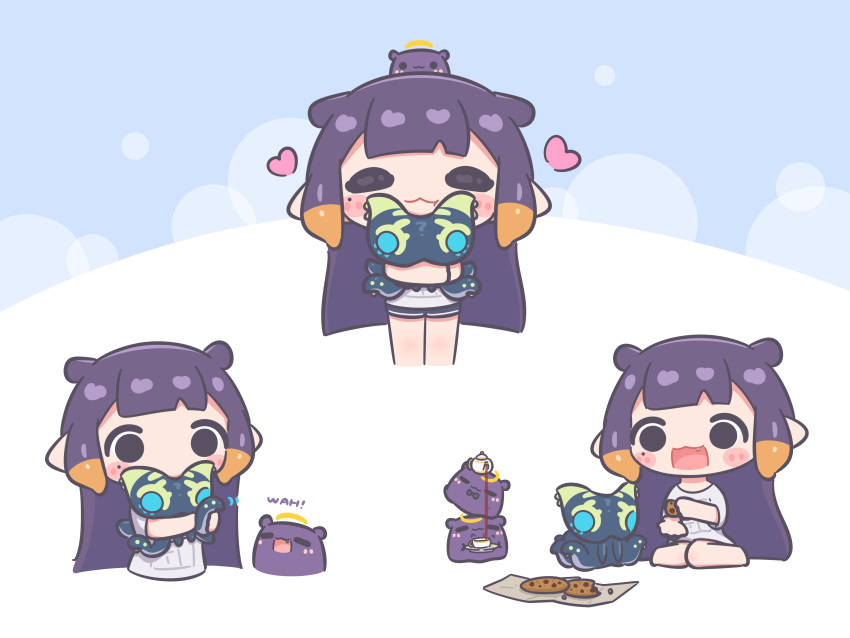 1girl, :3, :t, =_=, absurdres, blush_stickers, cookie, cup, fang, food, halo, heart, highres, holding, holding_cup, hololive, hololive_english, hug, long_hair, mole, mole_under_eye, monster_hunter_(series), monster_hunter_wilds, mpien, multicolored_hair, ninomae_ina'nis, nu_udra, open_mouth, orange_hair, pointy_ears, purple_hair, shirt, shorts, sitting, smile, t-shirt, takodachi_(ninomae_ina'nis), tea, teapot, tentacle_hair, virtual_youtuber, wariza