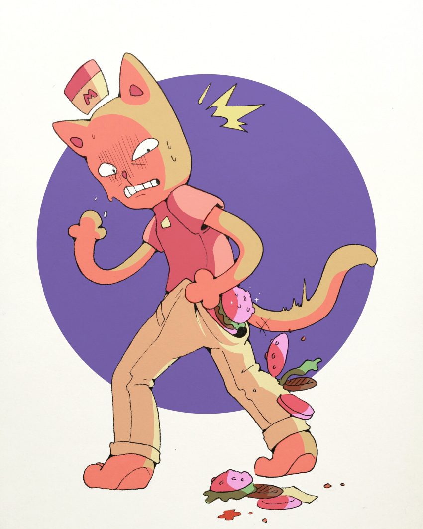 1boy, 2021, 2d, ^^^, absurdres, animal_ears, anthro, barefoot, body_fur, border, brown_fur, burger, burgerpants, cat, cat_boy, cat_ears, cat_tail, commentary, digital_media, dropped_food, english_commentary, food, full_body, furry, furry_male, glamburger, hat, highres, legs_apart, looking_back, male, male_focus, male_only, mammal, mini_hat, outside_border, pants, purple_background, red_shirt, round_border, shirt, simple_background, snowsupply, solo, spill, standing, surprised, sweat, tail, undertale, utdr_(toby_fox), white_background, white_border, yellow_pants