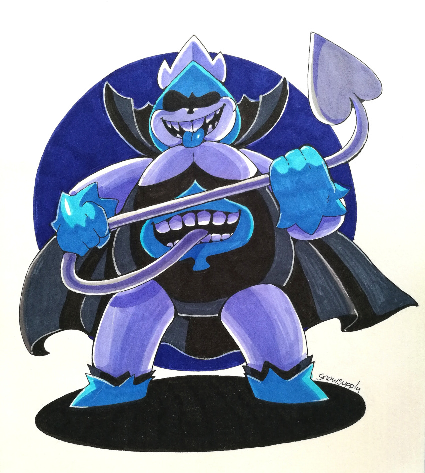 1boy, 2021, 2d, absurdres, artist_name, black_cape, blue_boots, blue_gloves, blue_tongue, boots, border, cape, colored_tongue, commentary, creature, deltarune, english_commentary, fat, fat_man, full_body, gloves, highres, holding, king_(deltarune), legs_apart, male, male_focus, male_only, outside_border, photo_(medium), round_border, shadow, simple_background, snowsupply, solo, spade_(shape), standing, stomach_mouth, teeth, tongue, tongue_out, traditional_media, utdr_(toby_fox), white_background