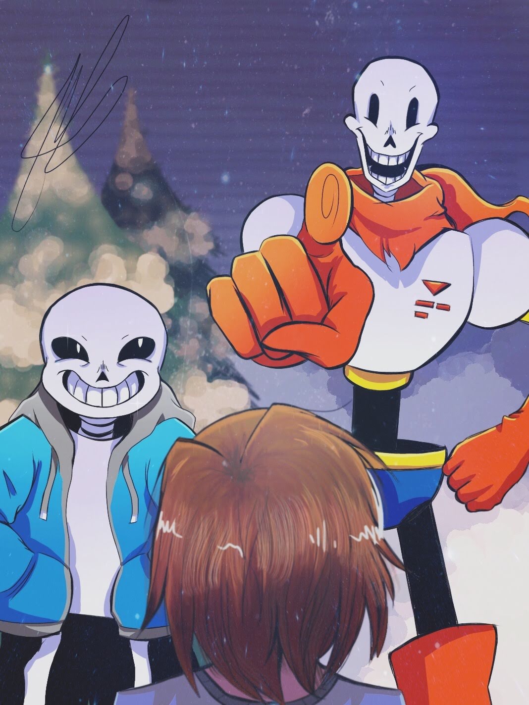 1other, 2020, 2boys, 2d, ambiguous_gender, armor, black_shorts, blue_jacket, blue_shirt, blue_shorts, boots, brothers, brown_hair, commentary, cowboy_shot, digital_media, drawstring, english_commentary, frisk_(undertale), gloves, grey_background, grey_hood, hand_on_own_hip, hand_up, hands_in_pockets, height_difference, highres, hollow_eyes, hood, hood_down, hooded_jacket, human, humanoid, jacket, long_sleeves, looking_at_viewer, male, male_focus, miss-tsukii, monster, monster_boy, multiple_boys, open_clothes, open_hand, open_jacket, outdoors, papyrus_(undertale), pine_tree, pink_slippers, pointing, pointing_at_viewer, red_boots, red_gloves, red_scarf, sans_(undertale), scarf, shirt, short_hair, shorts, siblings, signature, single_vertical_stripe, skeleton, slippers, snow, socks, standing, straight-on, striped_shorts, teeth, tree, trio, undead, undertale, utdr_(toby_fox), vertical-striped_clothes, vertical-striped_shorts, white_armor, white_shirt, white_socks, white_stripes
