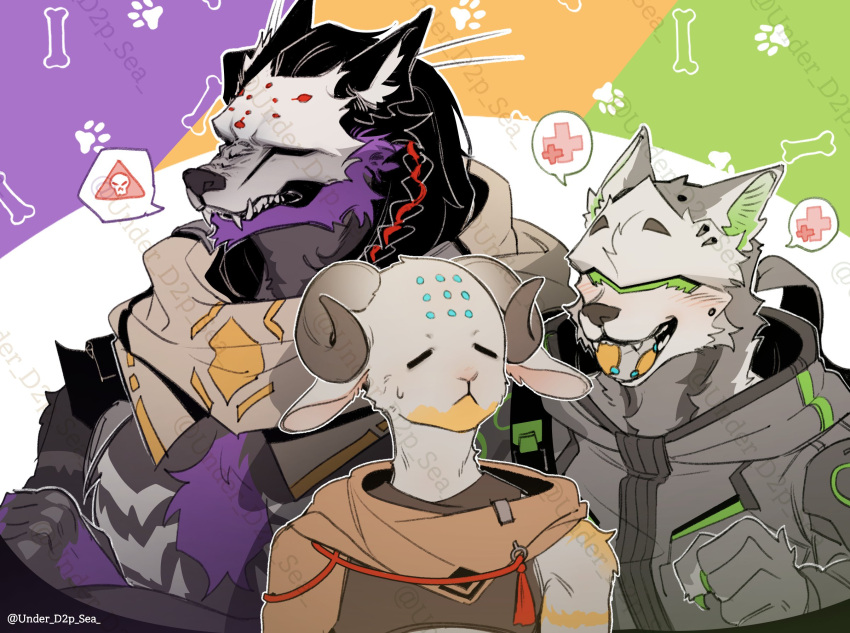 3boys, animal_ears, artist_name, ball_in_mouth, blush, bone_print, braid, claws