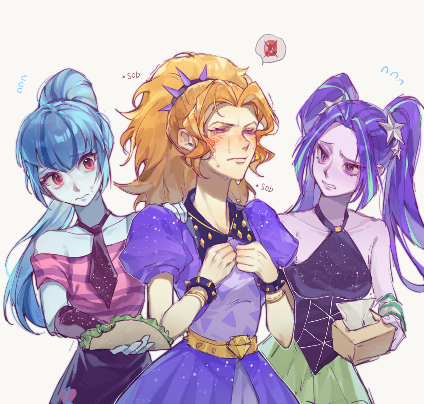 3:, 3girls, adagio_dazzle, adagio_dazzle_(human), aria_blaze, aria_blaze_(human), bare_arms, bare_shoulders