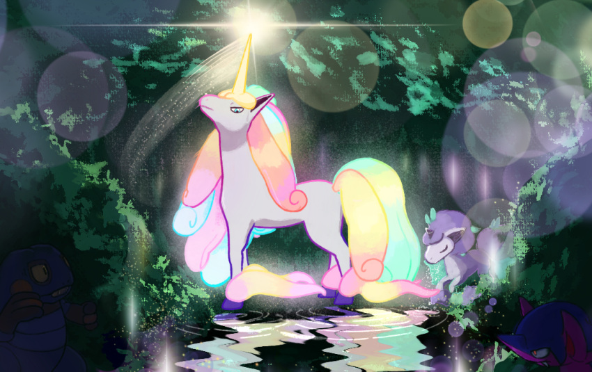 aqua_eyes, closed_eyes, closed_mouth, commentary, croagunk, english_commentary, galarian_ponyta, galarian_rapidash