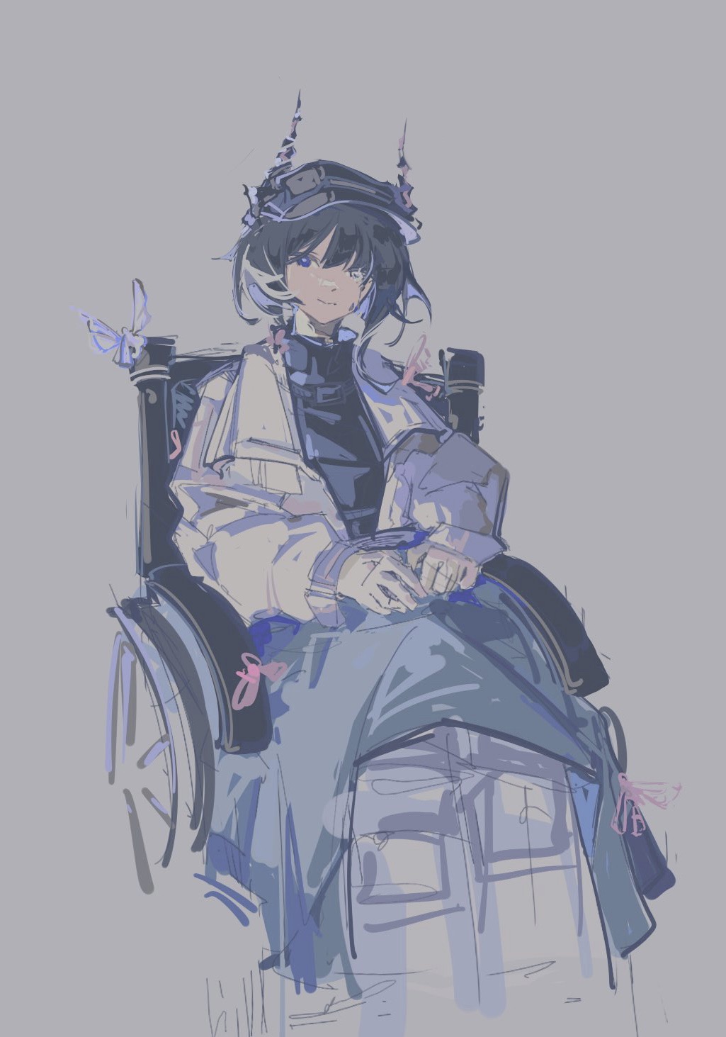 1girl, arknights, asymmetrical_hair, black_hair, black_horns, blanket_over_legs, blue_eyes, blunt_ends