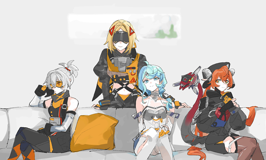 4girls, blindfold, blonde_hair, blue_eyes, blue_hair, blush, closed_mouth, couch, cowboy_shot, goggles, hair_between_eyes, long_hair, magus_(zenless_zone_zero), meme, multiple_girls, on_couch, orphie_magnusson, piper_perri_surrounded_(meme), ponytail, red_hair, rekka, scene_reference, seed_(zenless_zone_zero), sidelocks, sitting, smile, soldier_11_(zenless_zone_zero), trigger_(zenless_zone_zero), white_hair, zenless_zone_zero