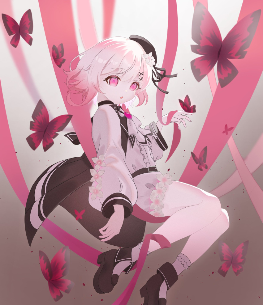 1girl, beret, black_dress, black_hat, black_shoes, bug, butterfly, center_frills