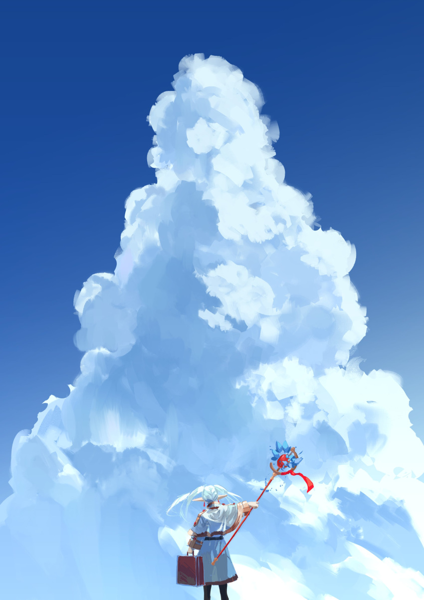 absurdres, black_pantyhose, blue_sky, capelet, clouds, dress, earrings, elf