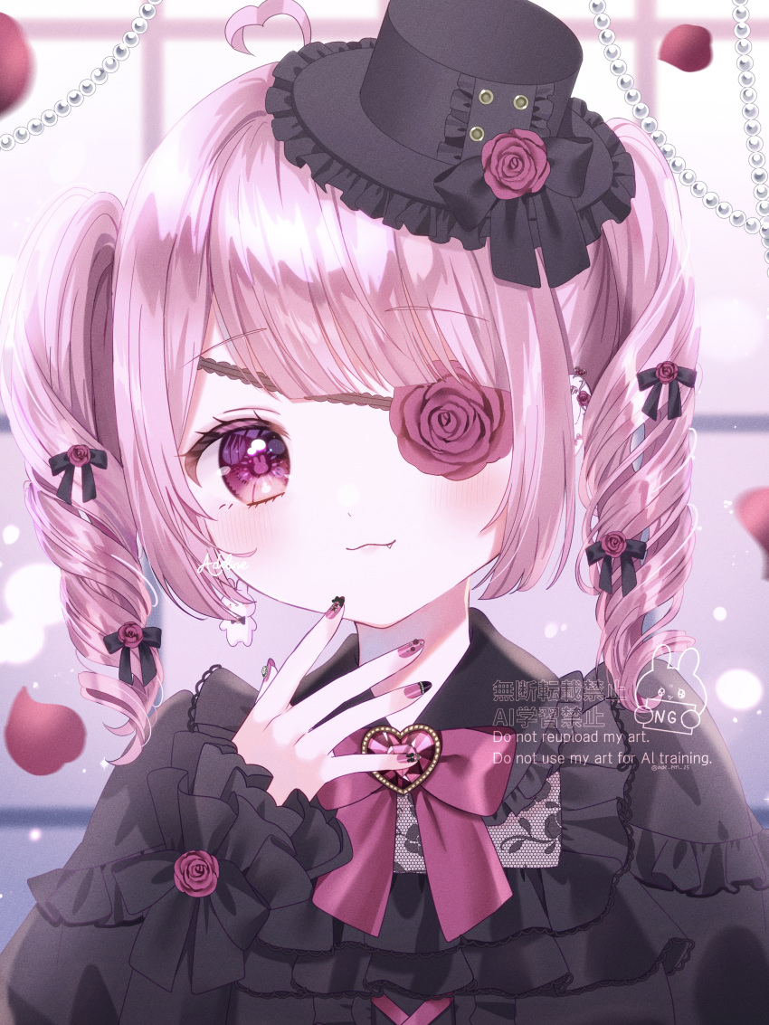 1girl, :3, absurdres, azarashi6, black_bow, black_dress, black_hat, blunt_bangs, blush, bow, bowtie, brooch, closed_mouth, commentary_request, dress, eyepatch, fang, fang_out, flower, frilled_headwear, hair_bow, hair_flower, hair_ornament, hand_up, hat, hat_bow, hat_flower, highres, indie_virtual_youtuber, jewelry, kaguya_yuan, long_hair, looking_at_viewer, pink_hair, portrait, rabbit-shaped_pupils, red_bow, red_bowtie, red_eyes, red_flower, red_rose, rose, sidelocks, sleeves_past_wrists, solo, symbol-shaped_pupils, top_hat, twintails, virtual_youtuber, watermark