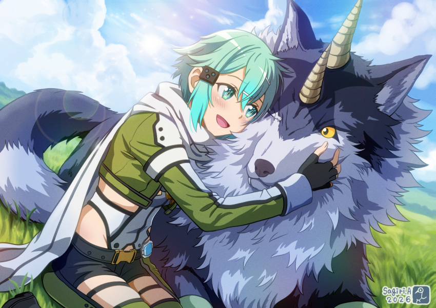 1girl, :d, animal_hug, aqua_eyes, aqua_hair, artist_logo, artist_name, asukamama89