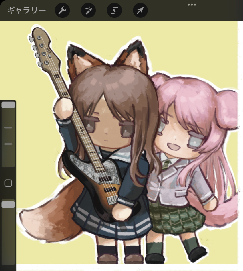 2girls, :d, animal_ears, arm_up, art_program_in_frame, bang_dream!, bang_dream!_it's_mygo!!!!!, black_shoes