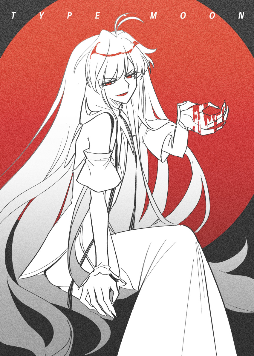 1boy, absurdres, ahoge, alternate_design, arm_support, blood, blood_on_hands, brunestud_of_the_crimson_moon, detached_sleeves, dress, evil_smile, fingernails, hair_intakes, high_collar, highres, lim_(r1m_1031), long_dress, long_hair, long_sidelocks, monochrome, moon, open_mouth, red_eyes, red_moon, sharp_fingernails, sidelocks, sitting, smile, trap, tsukihime, vampire, very_long_hair