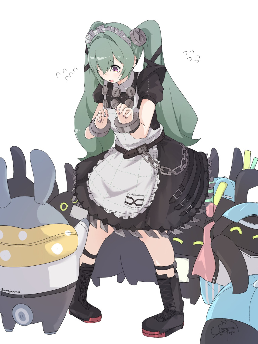 1girl, apron, bangboo_(zenless_zone_zero), biggest_fan_(zenless_zone_zero), black_dress, black_shoes, commentary_request, corin_wickes
