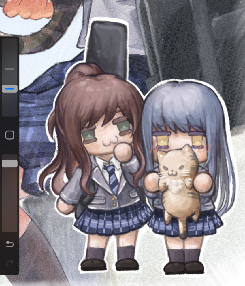 2girls, :3, animal, art_program_in_frame, bang_dream!, black_shoes, black_socks, blazer, blue_necktie, blue_skirt, blush, bright_pupils, brown_hair, cat, chibi, closed_mouth, colored_eyelashes, commentary_request, d1nivi, full_body, green_eyes, grey_hair, grey_jacket, guitar_case, hair_bun, hand_up, highres, holding, holding_animal, holding_cat, imai_lisa, instrument_case, jacket, legs_apart, legs_together, long_hair, minato_yukina, multiple_girls, necktie, outline, plaid_clothes, plaid_skirt, pleated_skirt, procreate_(medium), shirt, shoes, skirt, socks, standing, white_outline, white_pupils, white_shirt, yellow_eyes