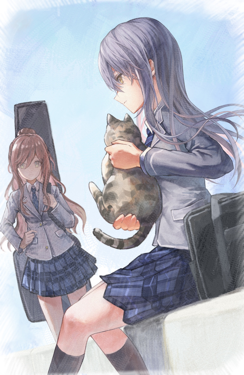 2girls, absurdres, animal, bag, bang_dream!, black_bag, black_socks, blazer