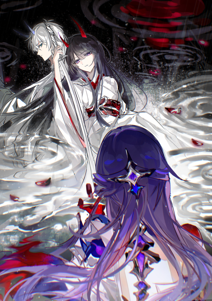 1boy, 1girl, abstract_background, absurdres, acheron_(honkai:_star_rail), acheron_(izumo)_(honkai:_star_rail), arm_up, behind_another
