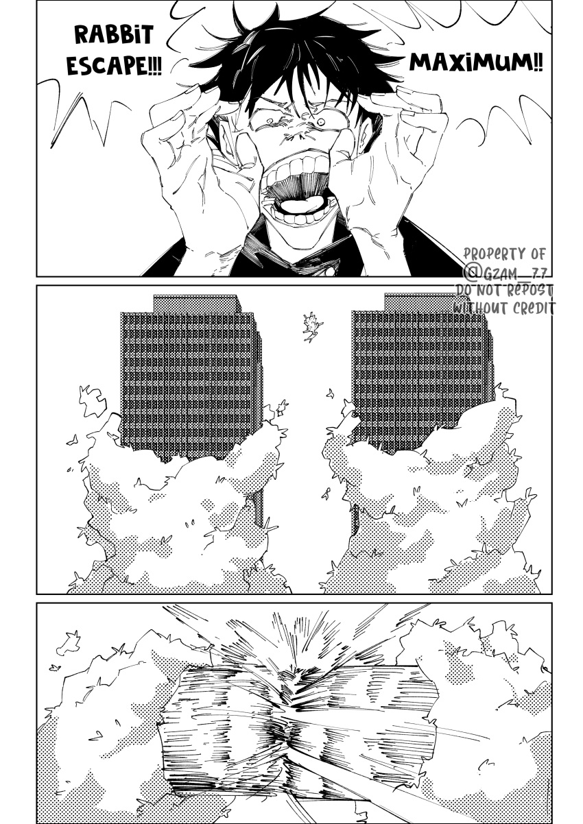 absurdres, black_hair, building, english_commentary, english_text, fushiguro_megumi, giant_hand, gzam_77