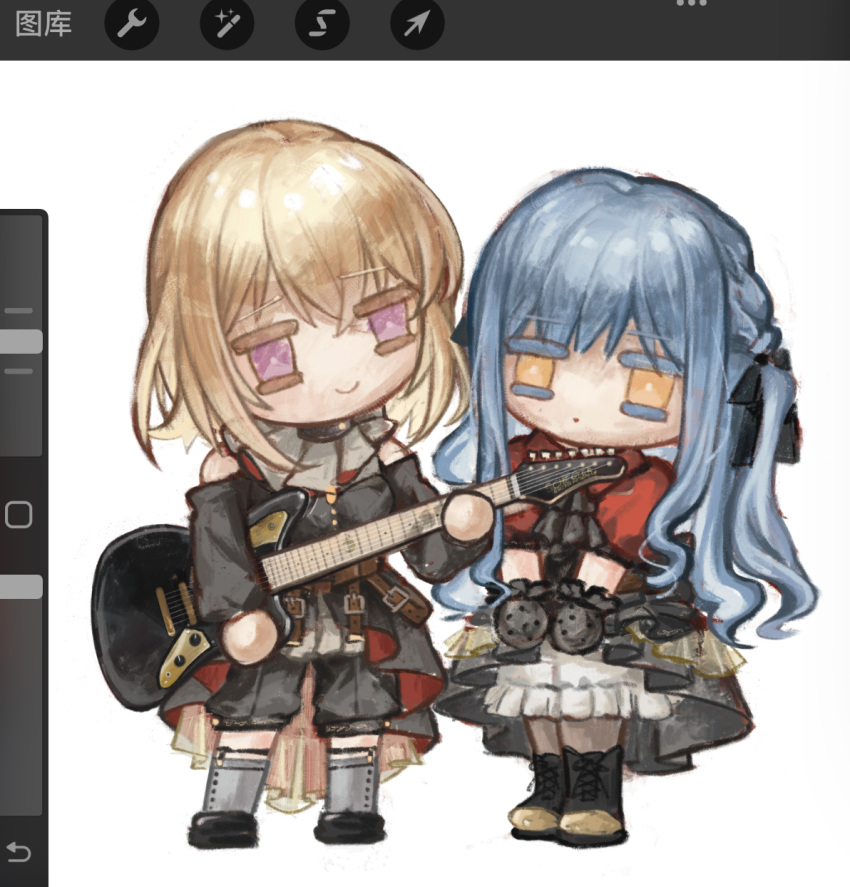 2girls, art_program_in_frame, bang_dream!, bang_dream!_it's_mygo!!!!!, bare_shoulders, black_boots, black_dress, black_gloves