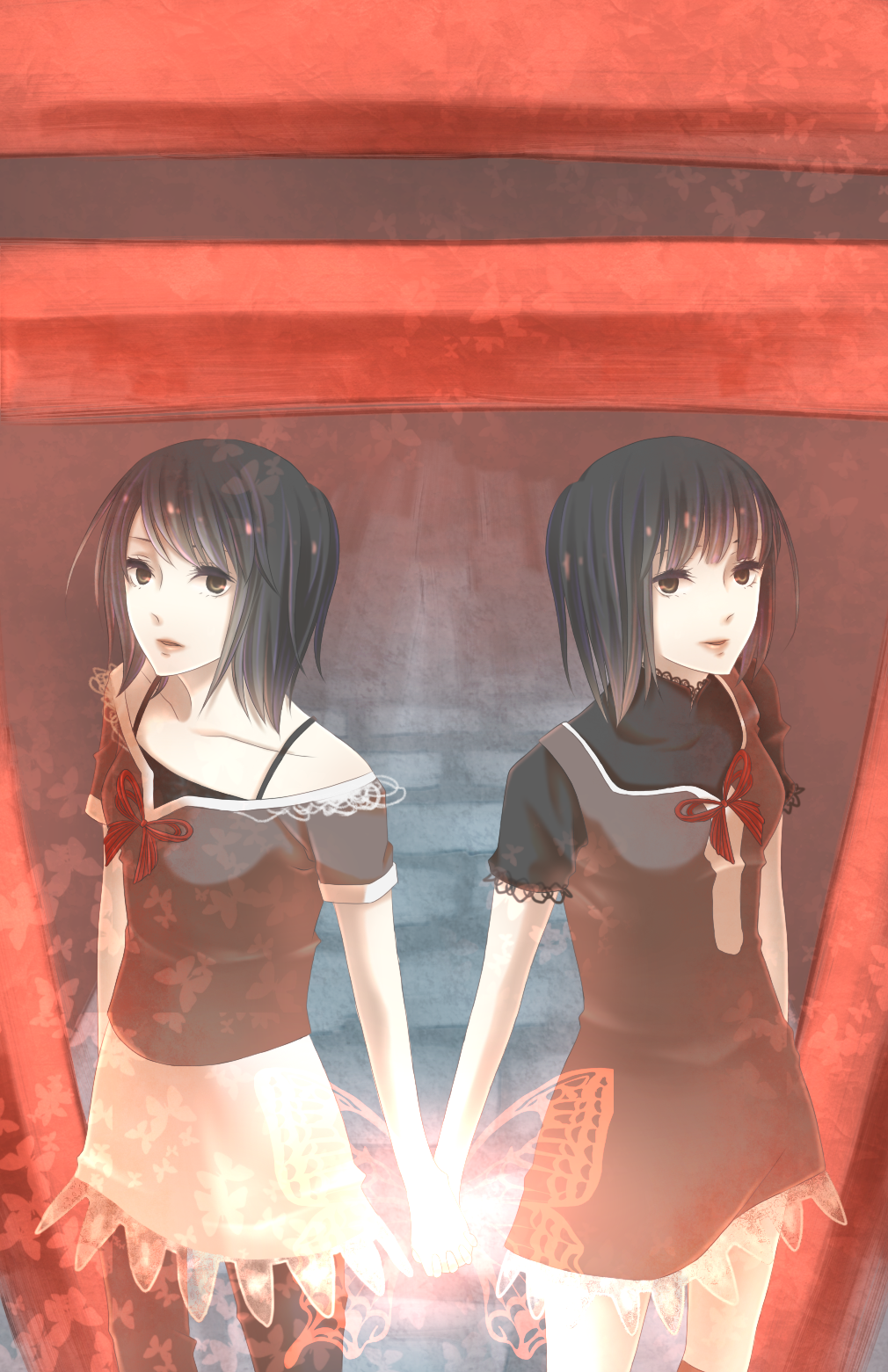 amakura_mayu, amakura_mio, asou_misaki, black_hair, blush, brown_eyes, butterfly, dress