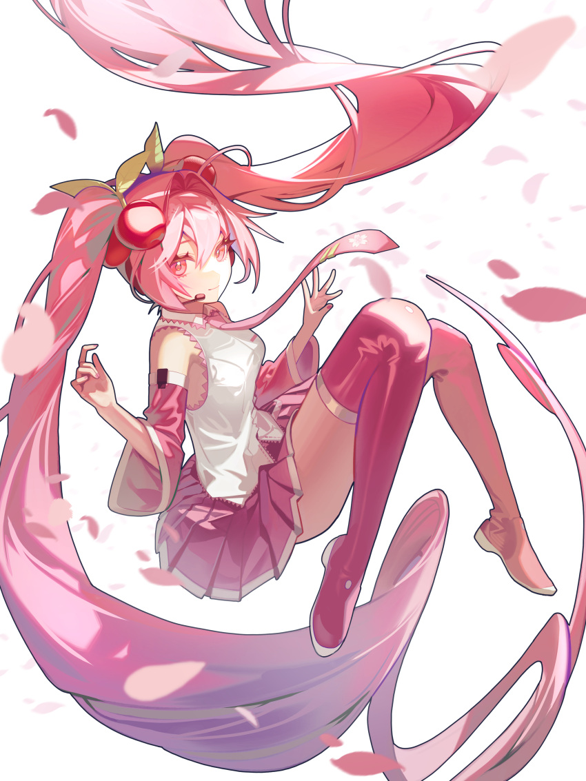 1girl, absurdres, ah_himdler, boots, cherry_blossoms, cherry_hair_ornament, closed_mouth, detached_sleeves