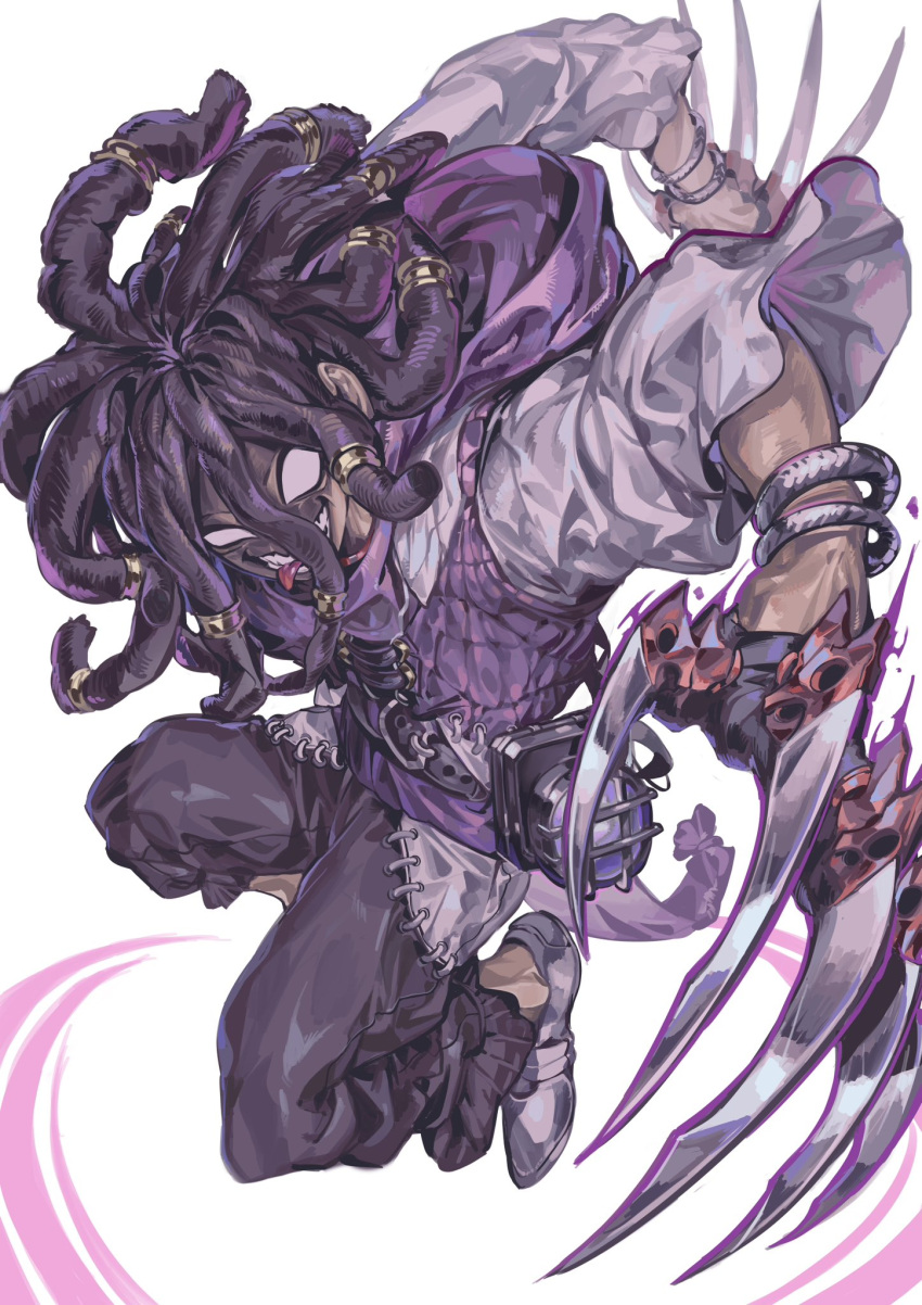 blank_eyes, bracelet, claws, commentary, crazy_grin, dreadlocks, gachiakuta, hair_rings