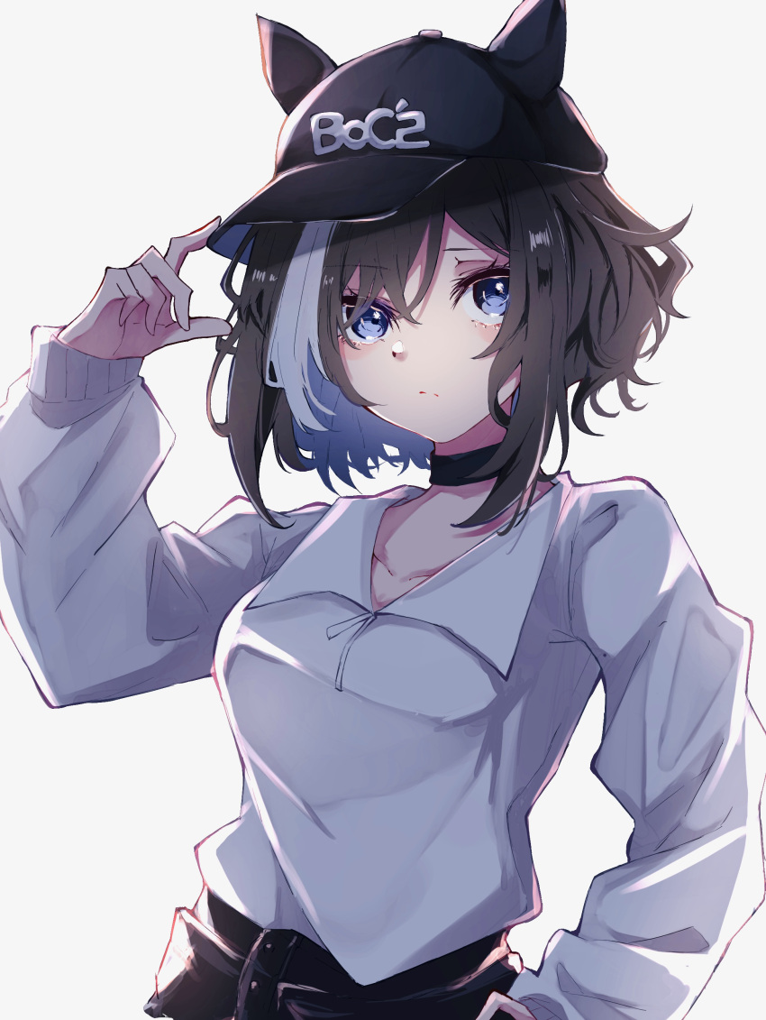1girl, absurdres, animal_ears, baseball_cap, black_choker, black_shorts, blue_eyes, breasts