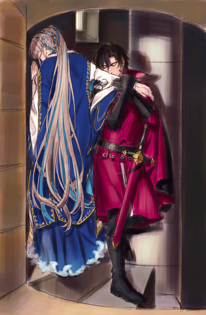 1boy, 1girl, absurdres, armor, belt, black_belt, black_boots, black_cape