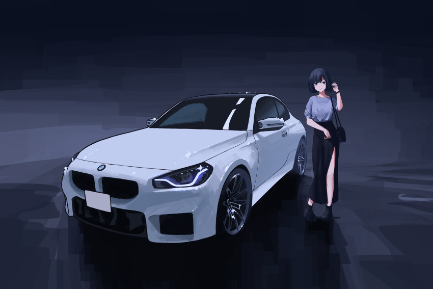 1girl, absurdres, apollos_ars, bag, black_hair, black_shoes, black_skirt, bmw