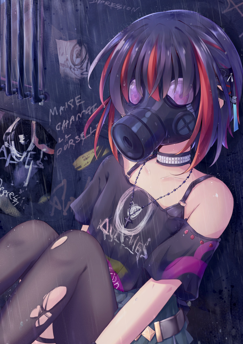 1girl, absurdres, against_wall, aqua_skirt, bilingual_commentary, black_hair, black_shirt, black_thighhighs