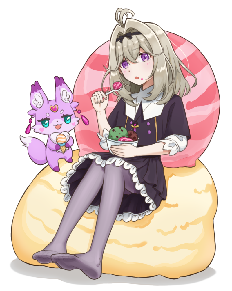 122283800, 1girl, :3, :d, :o, animal_ear_fluff, animal_ears, antenna_hair, aqua_eyes, black_capelet, black_dress, black_ribbon, blush, blush_stickers, bowl, brown_hair, buttons, capelet, chinese_commentary, commentary, creature, crossed_bangs, dot_nose, double-breasted, dress, earrings, eating, english_commentary, fairy, feet, food, food_on_face, frilled_dress, frills, full_body, grey_pantyhose, hair_between_eyes, hair_intakes, hair_ribbon, hand_up, heart, heart-shaped_blush_stickers, holding, holding_bowl, holding_food, holding_ice_cream, holding_ice_cream_cone, holding_spoon, ice_cream, ice_cream_cone, ice_cream_on_face, jewelry, jitome, looking_at_viewer, mashu-tan, medium_dress, medium_hair, meitantei_precure!, mixed-language_commentary, moria_luluka, necklace, no_shoes, open_mouth, pantyhose, precure, purple_fur, ribbon, simple_background, sitting, smile, soles, spoon, teardrop_earrings, thick_eyebrows, three-quarter_sleeves, toes, v-shaped_eyebrows, violet_eyes, white_background