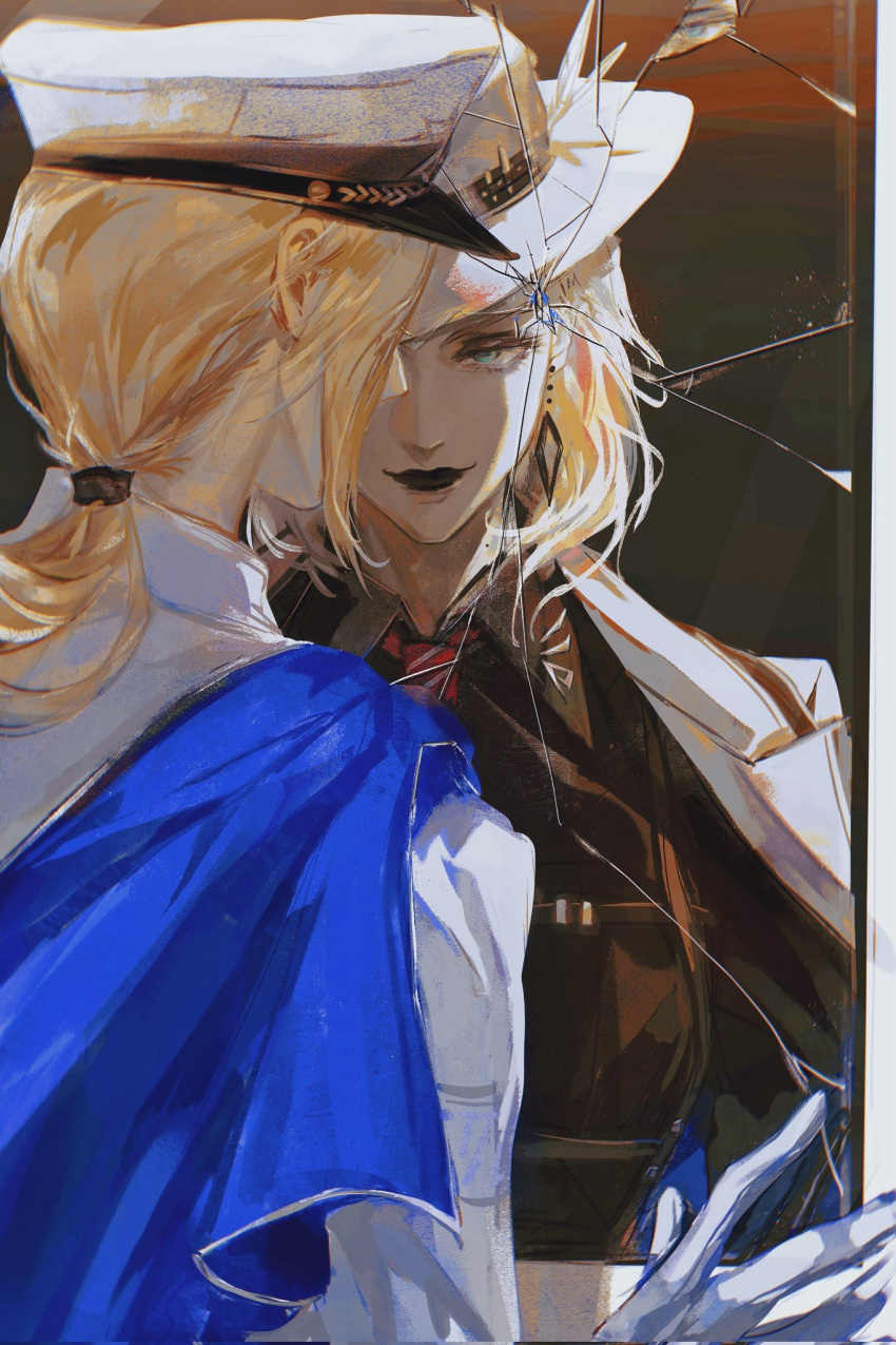 black_lips, blonde_hair, broken_mirror, commentary, czyw01, dual_persona, english_commentary, gloves