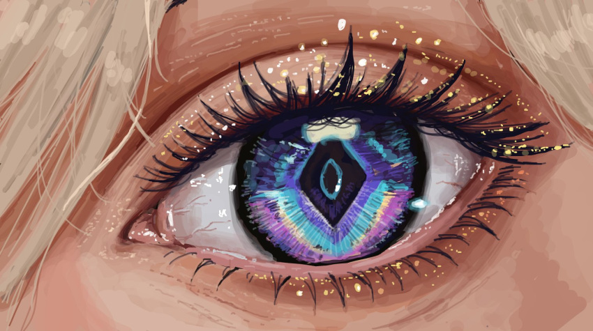 1girl, blonde_hair, blue_eyes, close-up, commentary, diamond-shaped_pupils, diamond_(shape), english_commentary, eye_focus, eye_veins, eyelashes, gartic_phone_(medium), looking_at_viewer, lynae_(wuthering_waves), makeup, multicolored_eyes, solo, symbol-shaped_pupils, thelotter92, violet_eyes, wuthering_waves