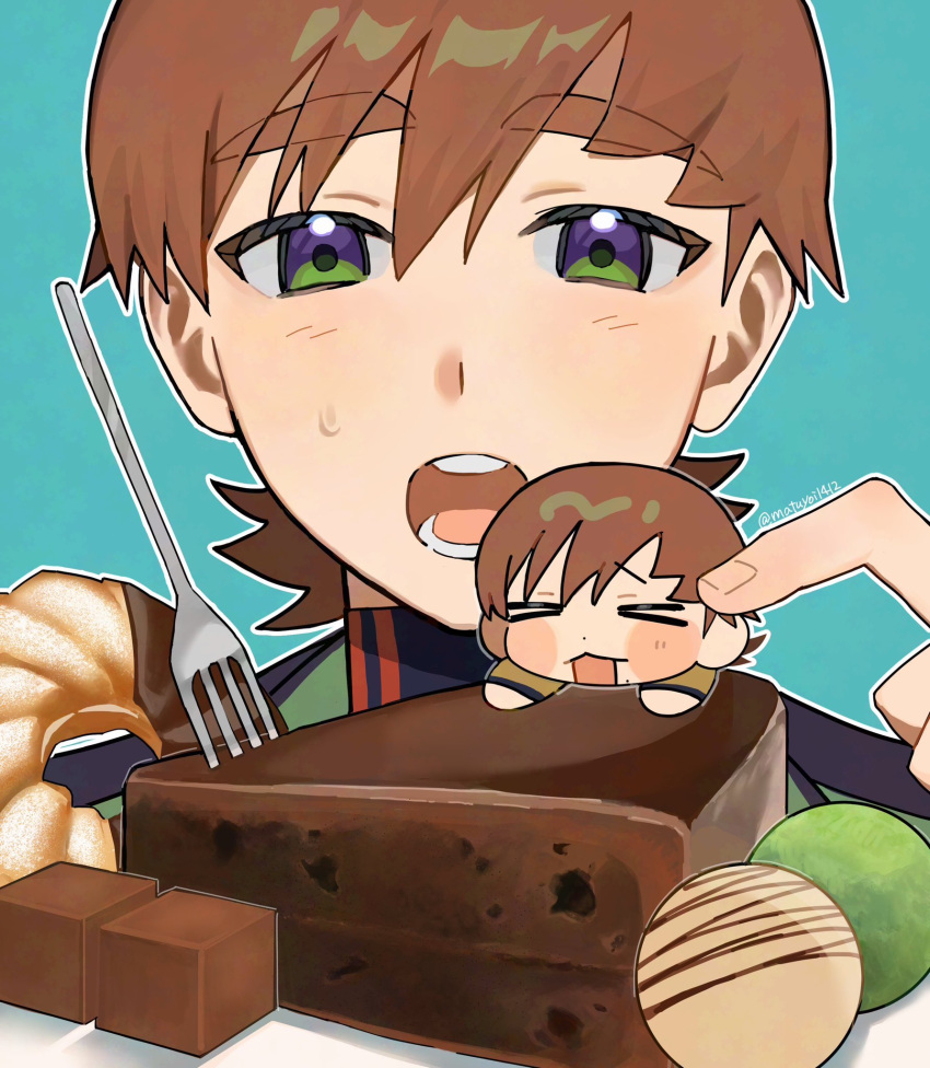 >_<, 1boy, :3, :o, artist_name, blue_background, brown_hair, cake