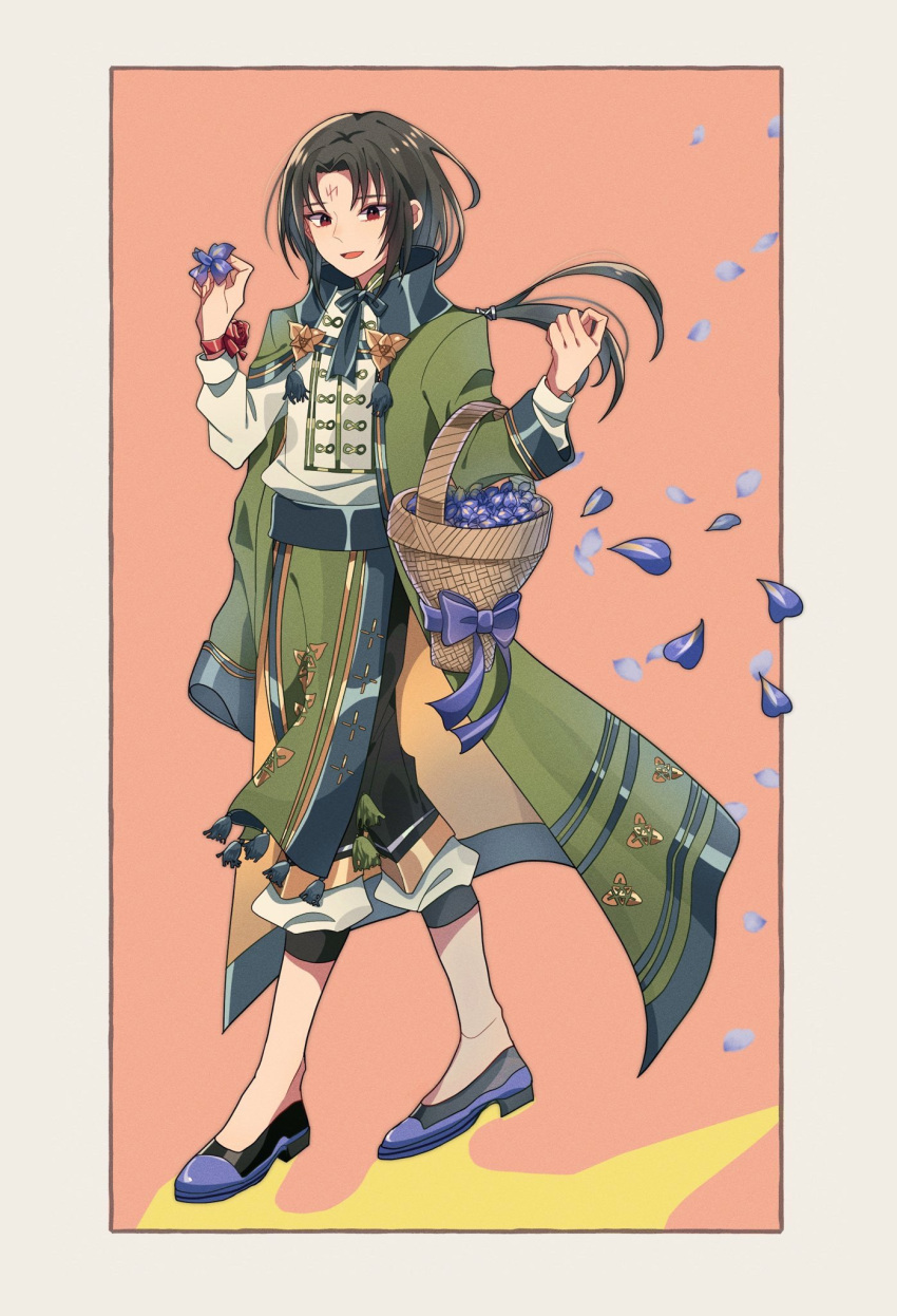 1boy, arm_out_of_sleeve, bishounen, black_hair, border, coat, commentary_request, facial_mark