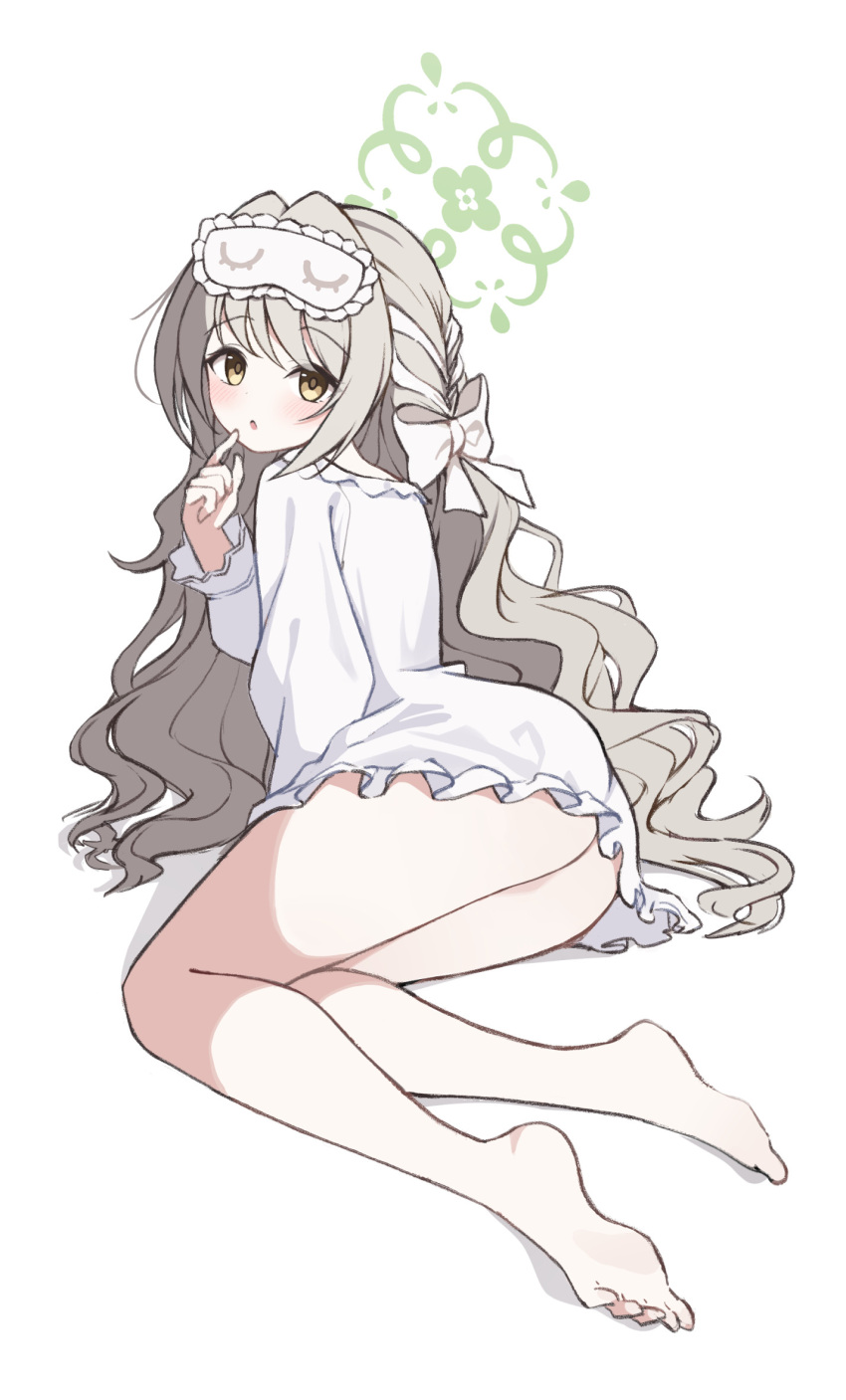 1girl, bare_legs, blue_archive, blush, braid, brown_eyes, brown_hair, commentary_request