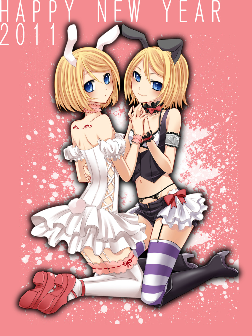 animal_ears, blonde_hair, blue_eyes, boots, bunny_ears, dress, female, garter_belt