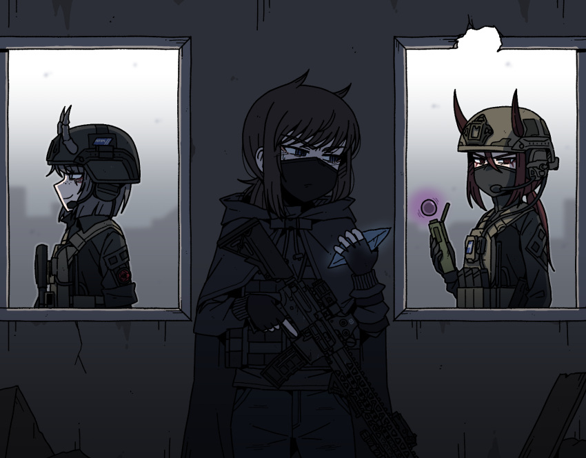 1girl, 2boys, ammunition_pouch, angled_foregrip, assault_rifle, black_cloak, black_gloves, black_jacket