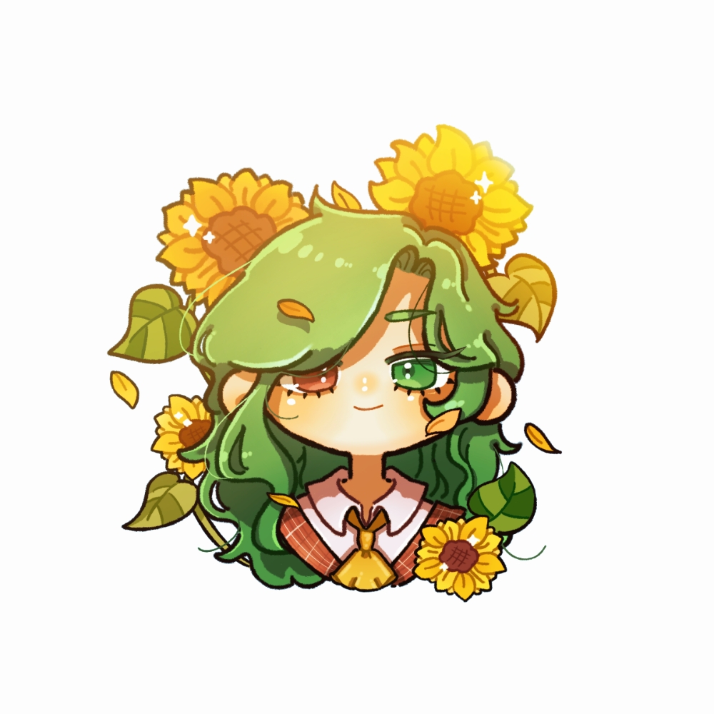 1girl, ascot, collared_shirt, commentary_request, falling_petals, flower, green_eyes, green_hair, hakunemui, heterochromia, kazami_yuuka, long_hair, looking_at_viewer, petals, plaid_clothes, plaid_vest, portrait, red_eyes, red_vest, shirt, simple_background, solo, sunflower, touhou, vest, white_background, white_shirt, yellow_ascot, yellow_flower, yellow_petals