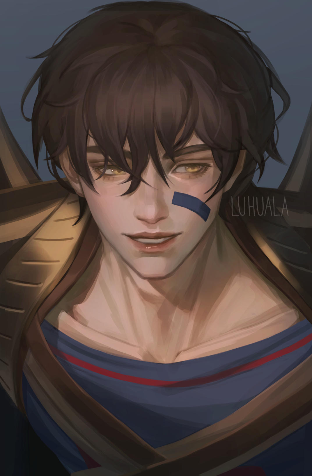1boy, artist_name, blue_background, blue_shirt, brown_hair, collarbone, commentary, english_commentary
