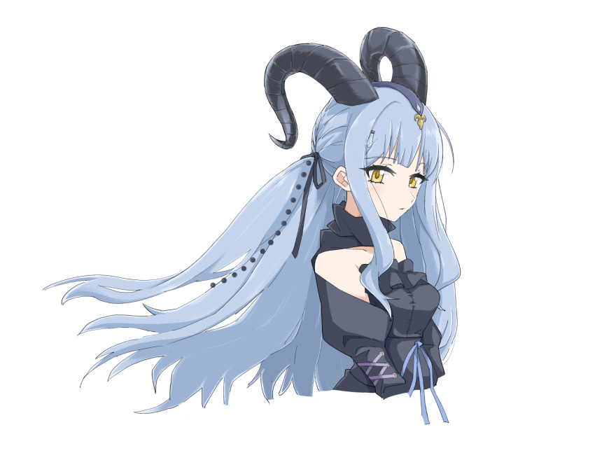 1girl, arknights, bang_dream!, bang_dream!_it's_mygo!!!!!, bare_shoulders, black_dress, black_horns, black_ribbon