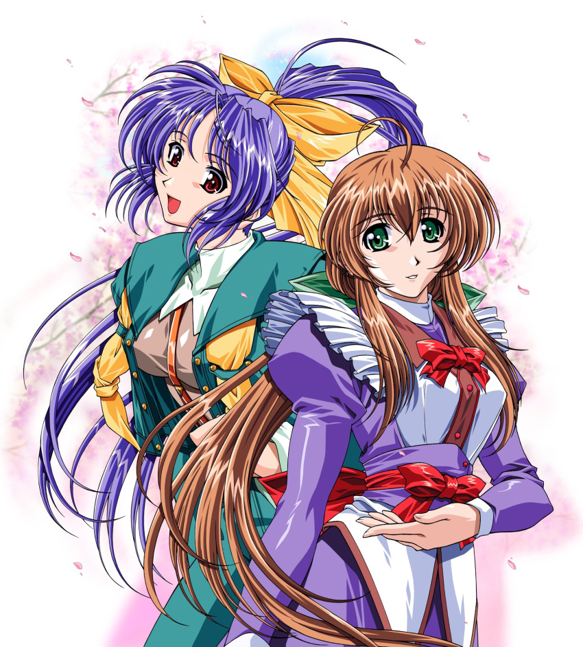 2girls, ahoge, apron, aqua_jacket, aqua_pants, back_bow, blue_hair, bow