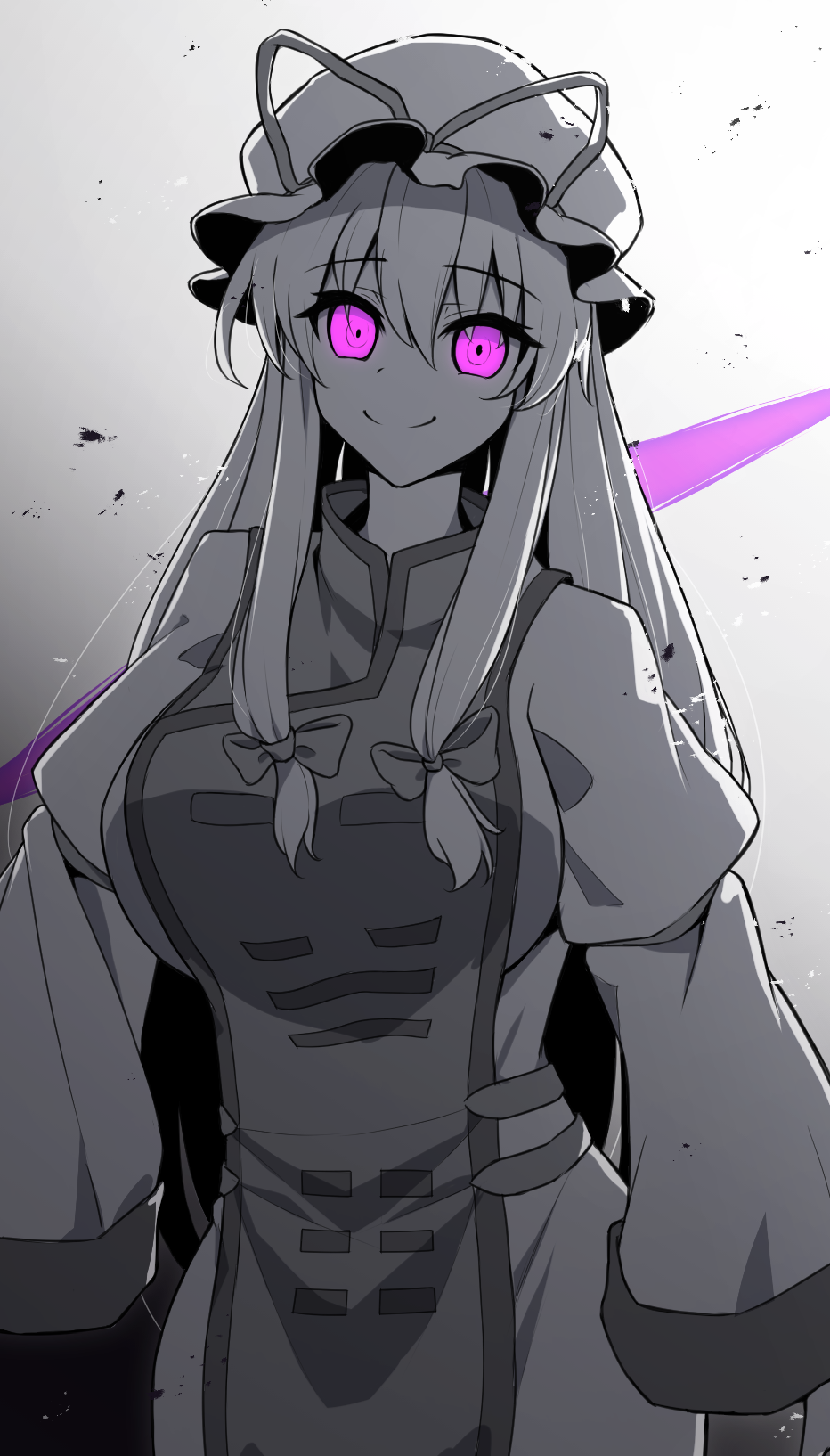 1girl, breasts, commentary_request, cowboy_shot, gradient_background, greyscale, hair_between_eyes, hair_ribbon, hat, highres, large_breasts, long_hair, long_sidelocks, long_sleeves, looking_at_viewer, mob_cap, monochrome, pink_eyes, ribbon, sidelocks, smile, solo, spot_color, straight_hair, tabard, touhou, turtleneck_tabard, wide_hips, wide_sleeves, yakumo_yukari, yosshy