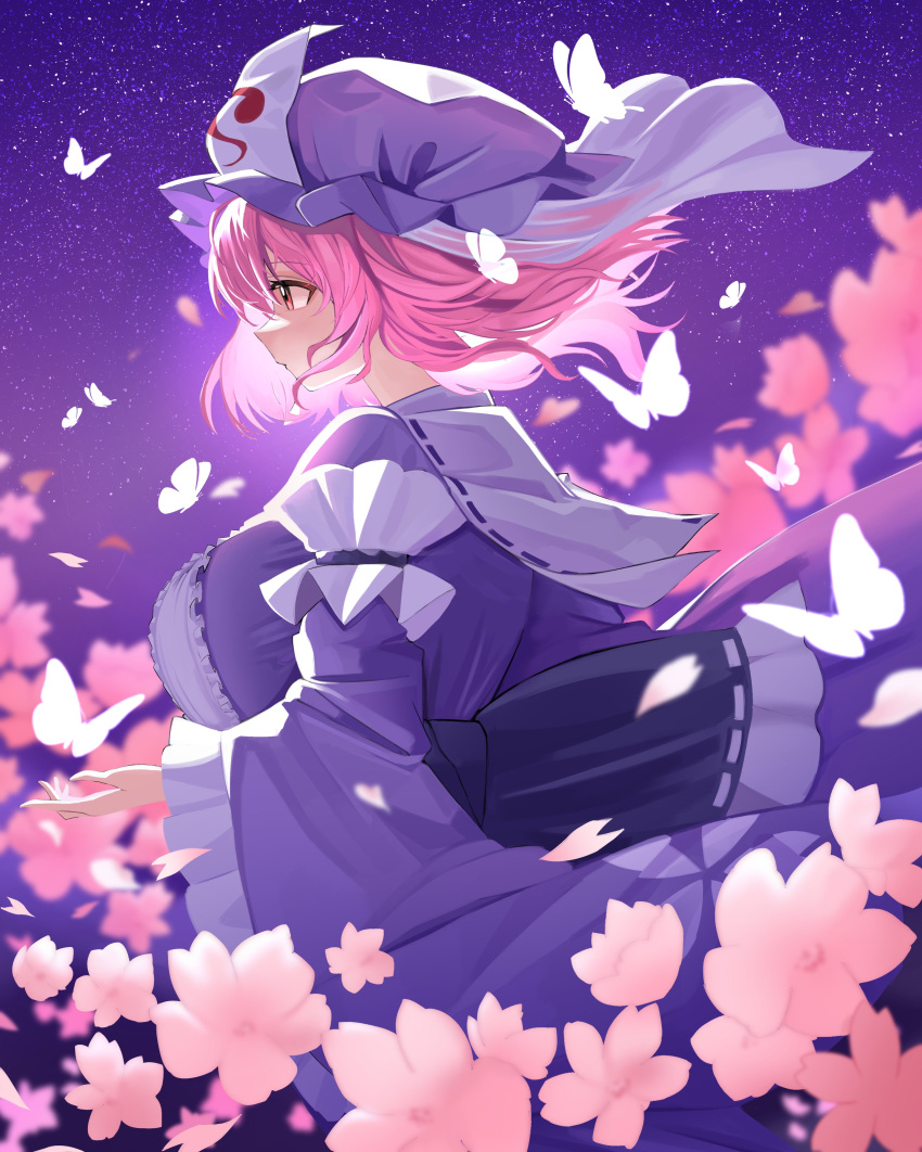 1girl, absurdres, blue_hat, blue_kimono, breasts, bug, butterfly, cherry_blossoms