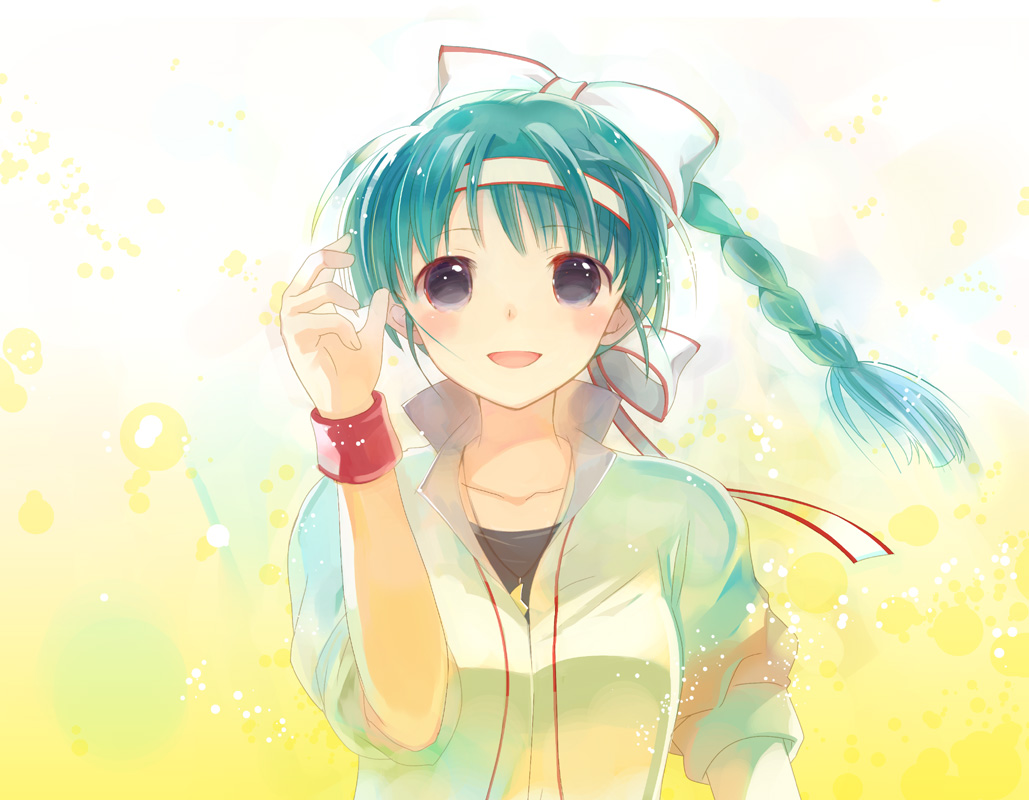 blue_eyes, braid, green_hair, headband, mashin_eiyuuden_wataru, shinobibe_himiko, solo, takeda_mika