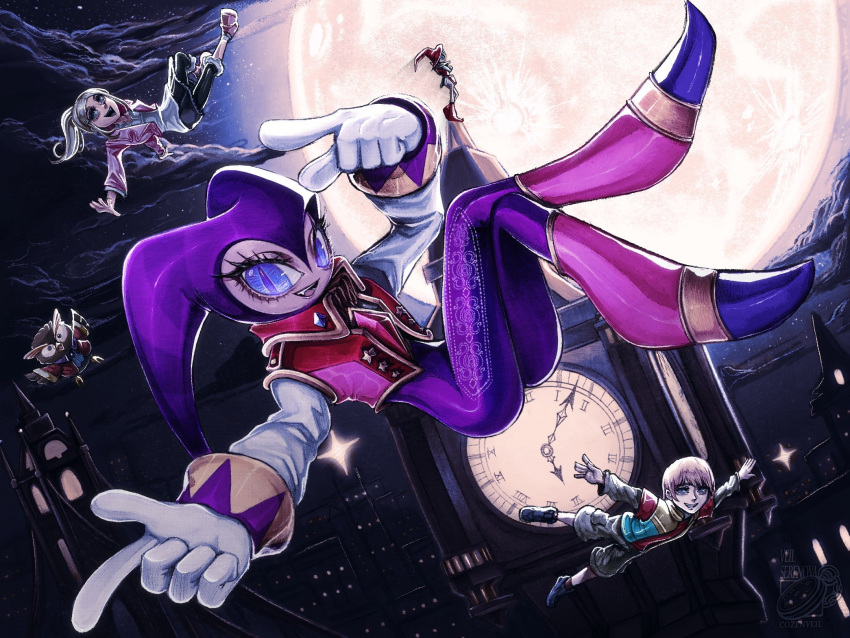 1boy, 1girl, 2others, bird, cityscape, claris_sinclair, clock, clock_tower