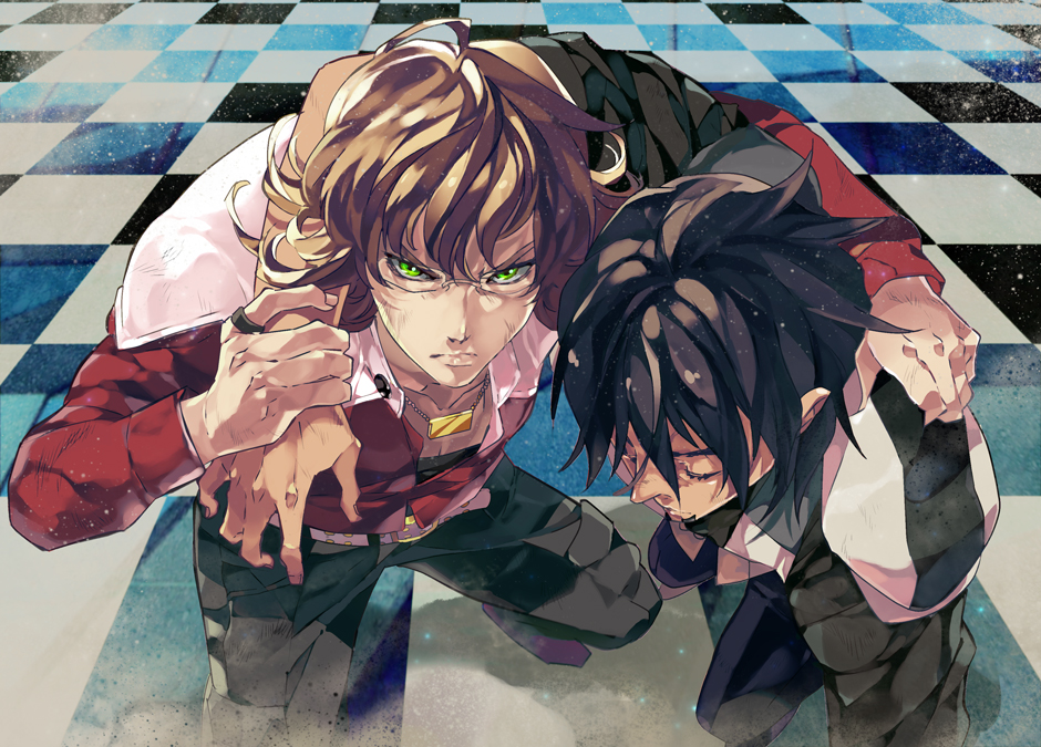 akiyama_(yamagoya), barnaby_brooks_jr, belt, blonde_hair, brown_hair, carrying, checkered, checkered_floor, duo, facial_hair, glasses, green_eyes, injury, jacket, jewelry, kaburagi_t_kotetsu, male, multiple_boys, necklace, necktie, red_jacket, ring, short_hair, stubble, studded_belt, tiger_&amp;_bunny, vest